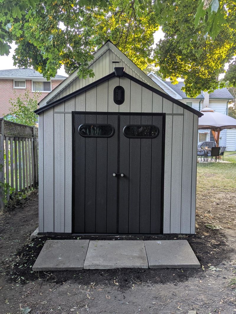 Resin shed front view in residential Belleville Ontario neighbourhood