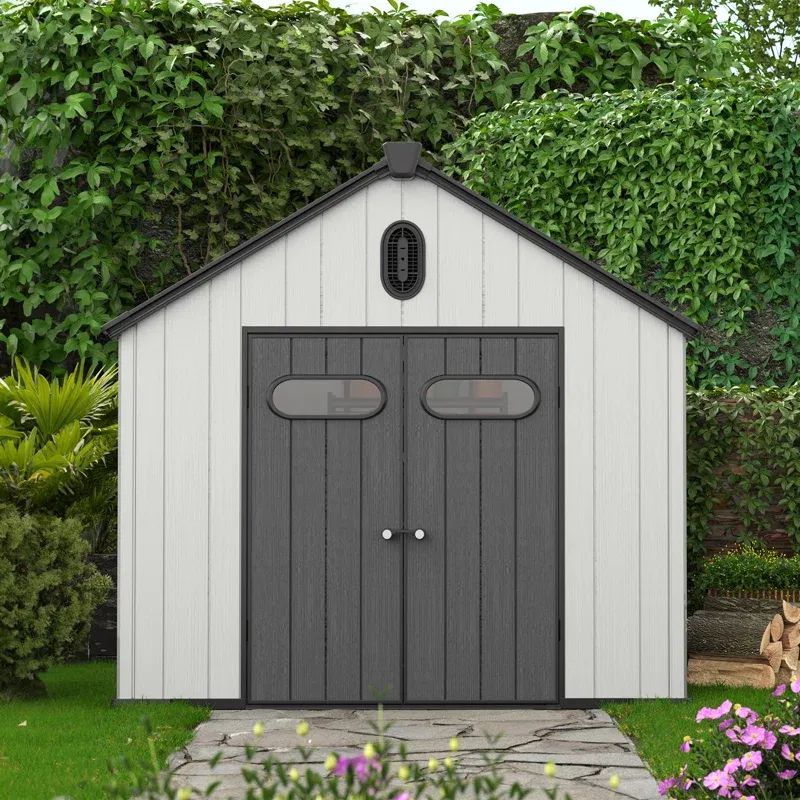 8x8 resin storage shed front view in garden setting